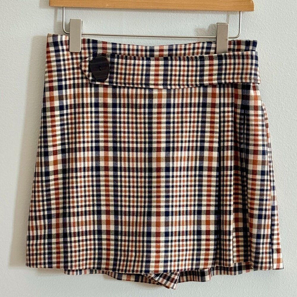 ZARA Kids Girl's Flannel Plaid Skort/Skirt, Navy/Orange/Cream, Size 13-14 Years
